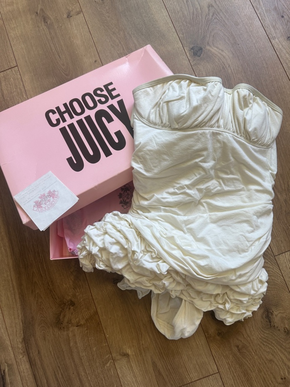 Juicy Couture Cream Strapless Ruffled Dress